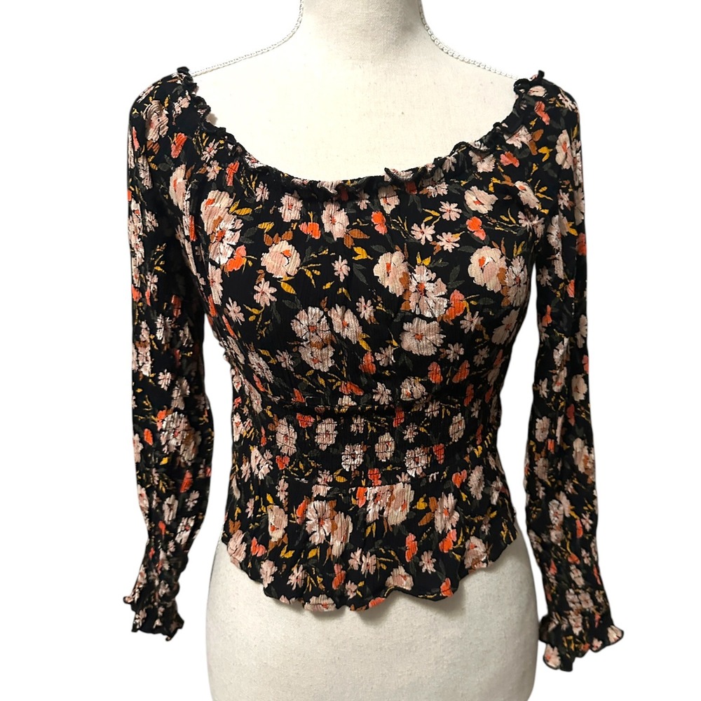 Patrons of Peace Floral Smocked Peplum Top Black Long Sleeve XS Boho Cottage
